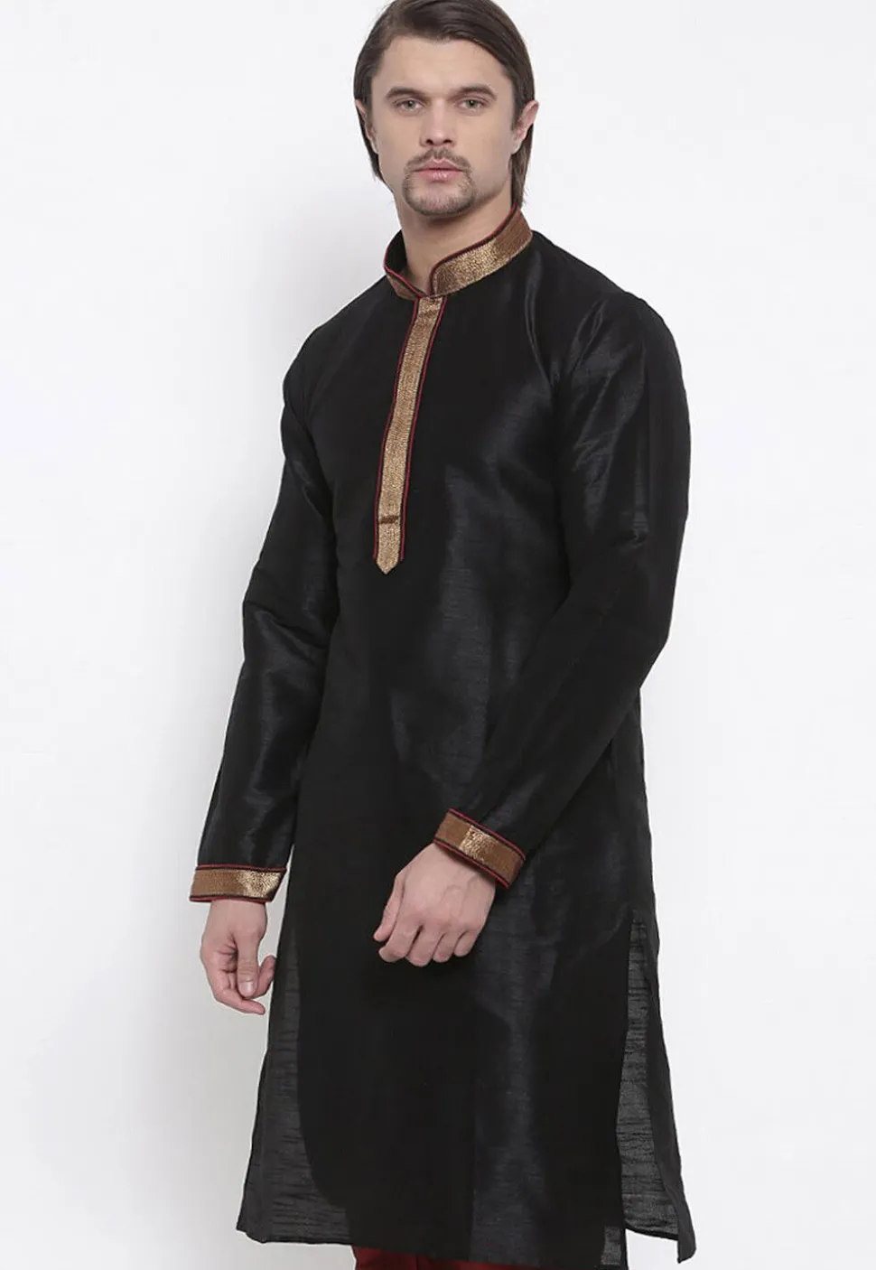Embroidered Dupion Silk Kurta in Black
