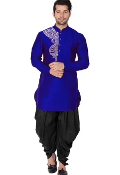 Embroidered Dupion Silk Kurta Set in Royal Blue
