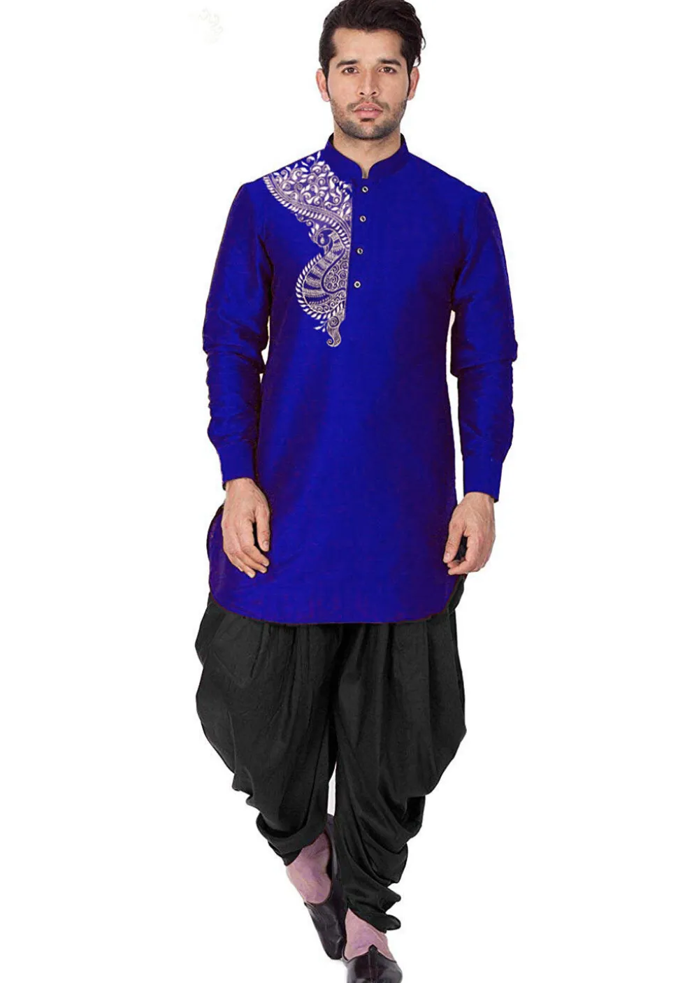 Embroidered Dupion Silk Kurta Set in Royal Blue