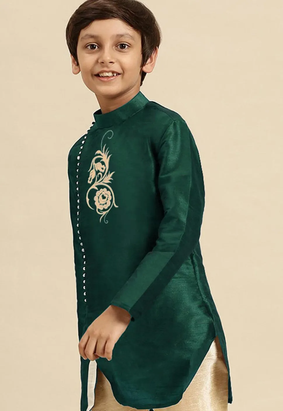 Embroidered Dupion Silk Kurta in Dark Teal Green