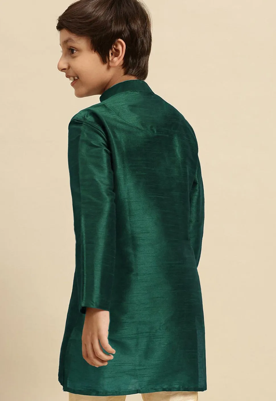 Embroidered Dupion Silk Kurta in Dark Teal Green