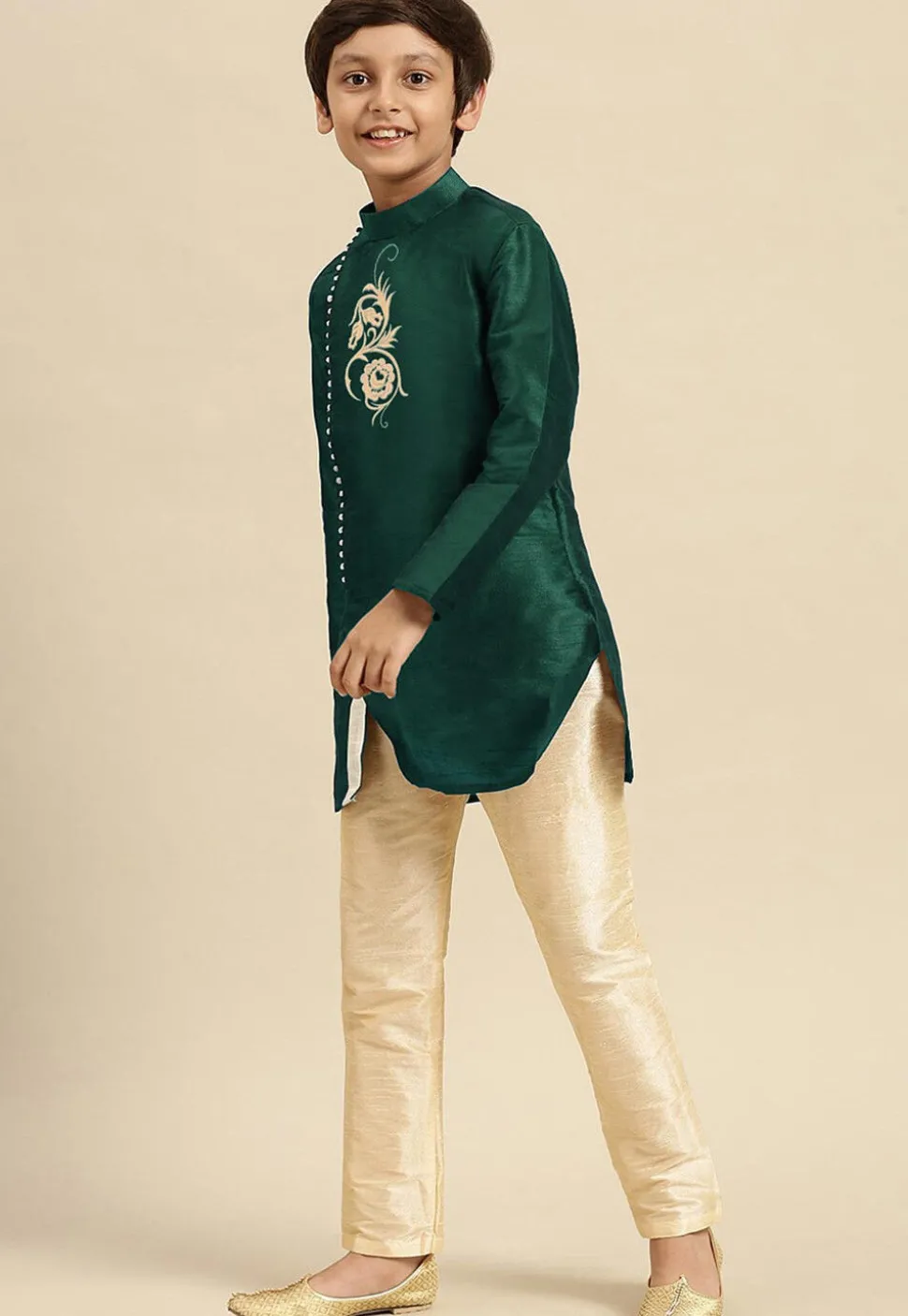 Embroidered Dupion Silk Kurta in Dark Teal Green