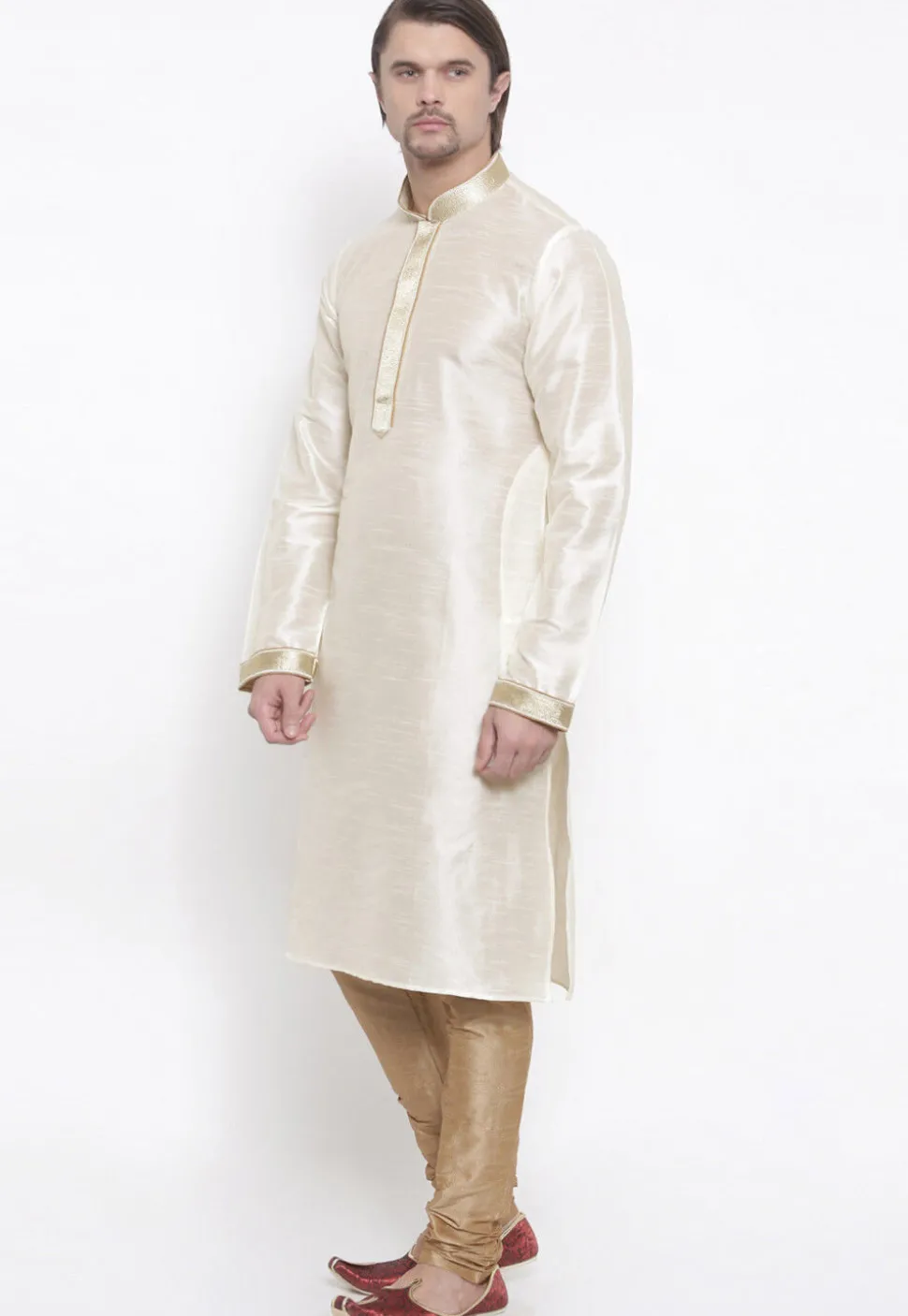 Embroidered Dupion Silk Kurta Set in White