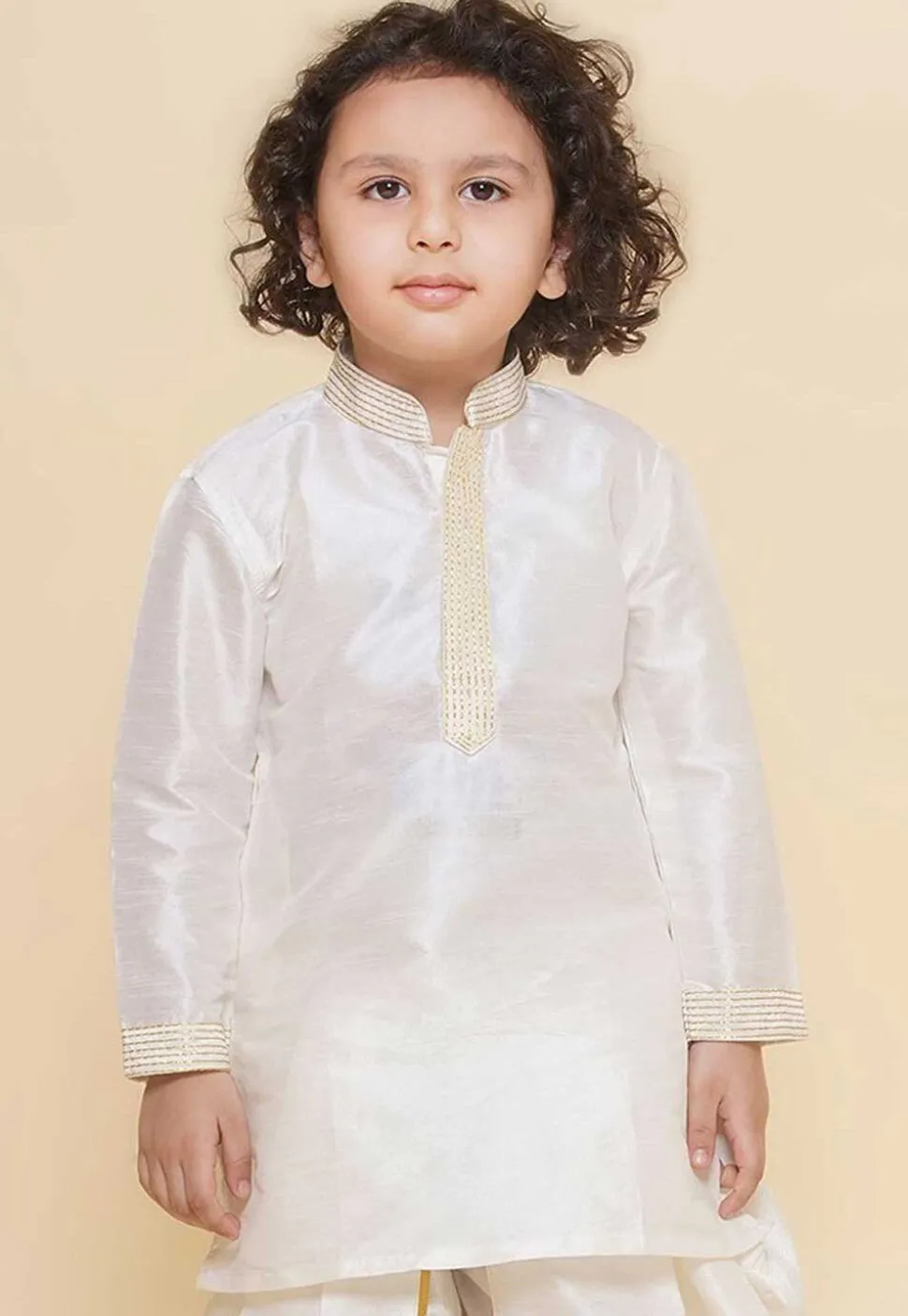 Embroidered Dupion Silk Kurta in White