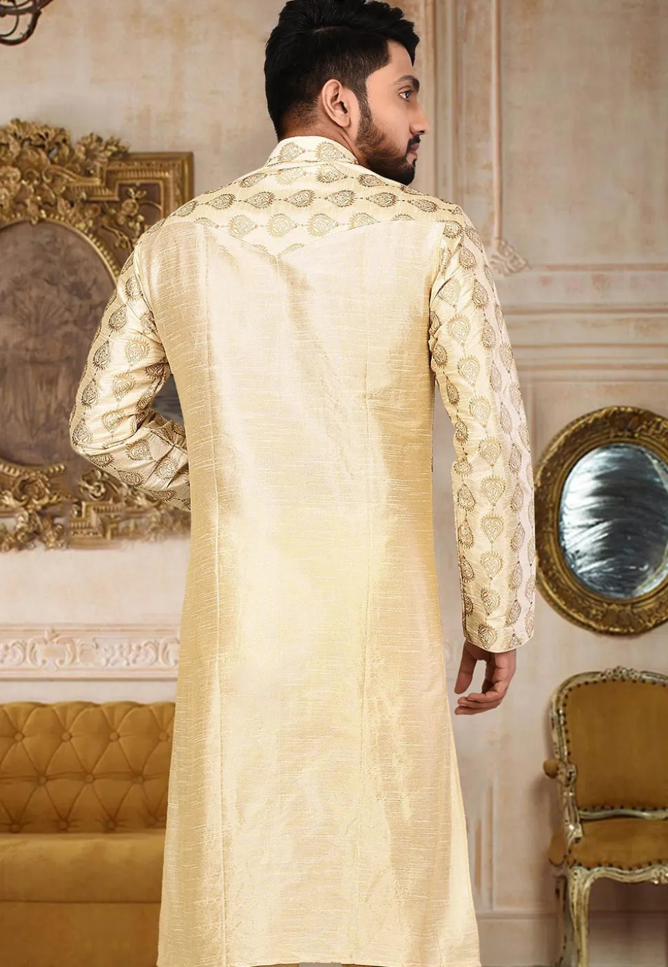 Embroidered Dupion Silk Kurta in Light Beige