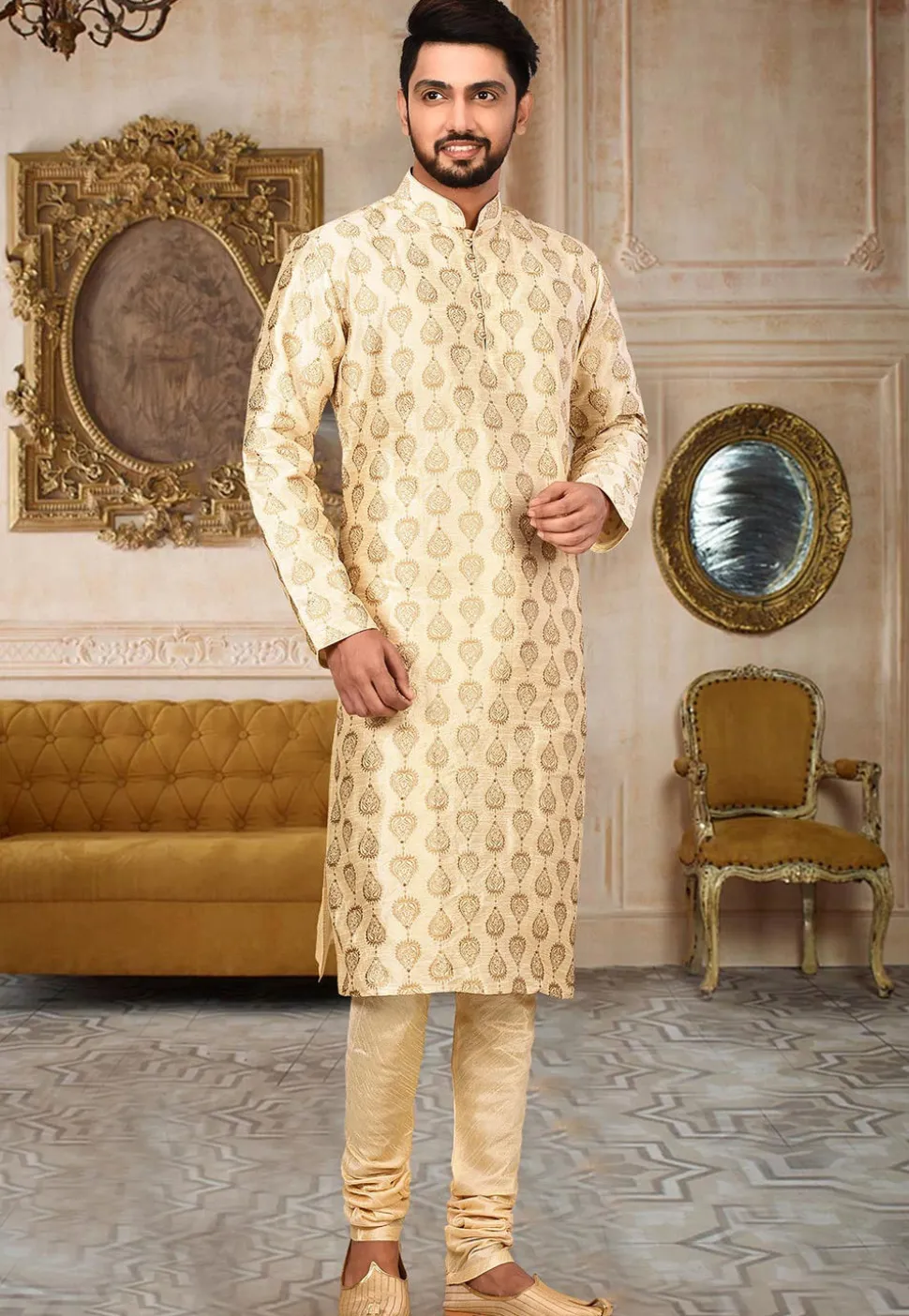 Embroidered Dupion Silk Kurta in Light Beige