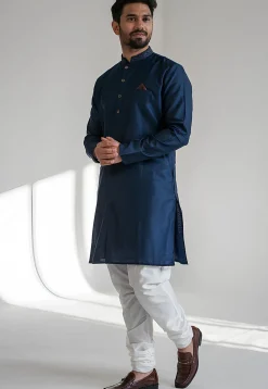 Embroidered Dupion Silk Kurta Set in Navy Blue