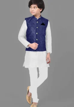 Embroidered Dupion Silk Kurta Set in Off White and Royal Blue