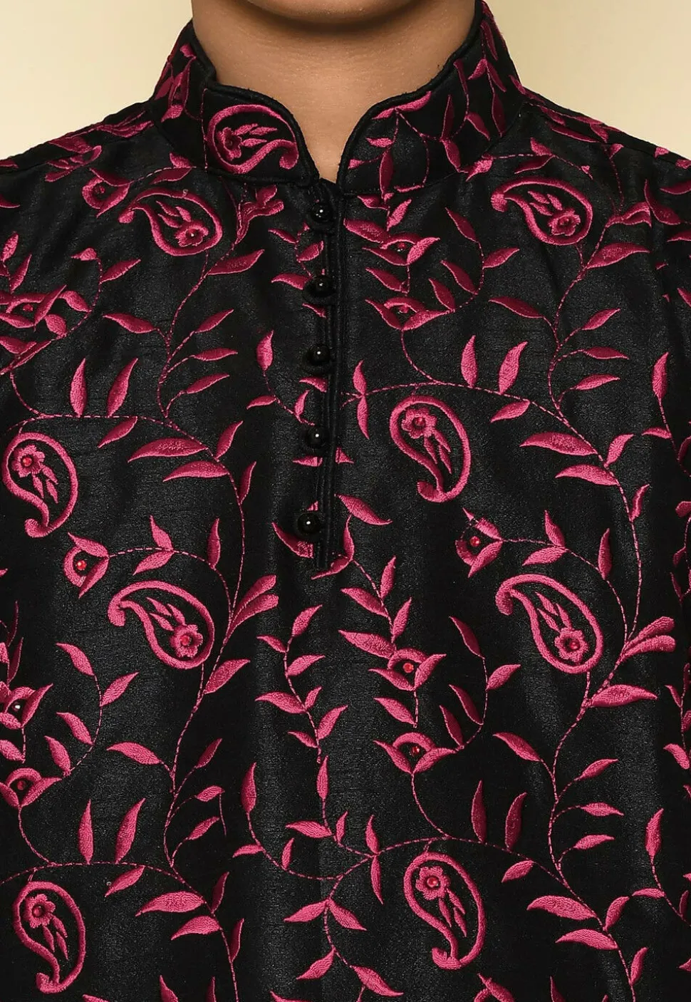 Embroidered Dupion Silk Kurta in Black