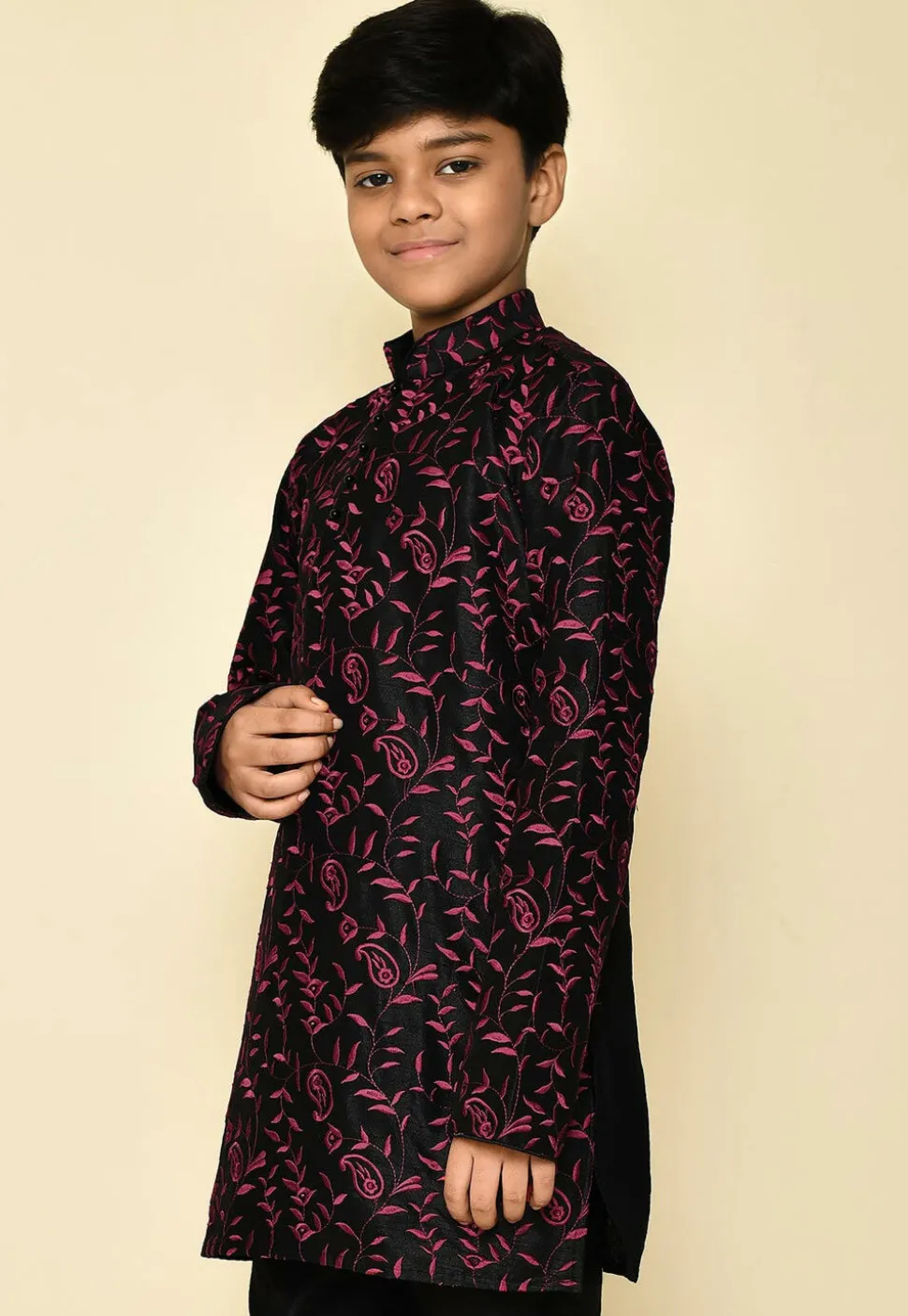 Embroidered Dupion Silk Kurta in Black