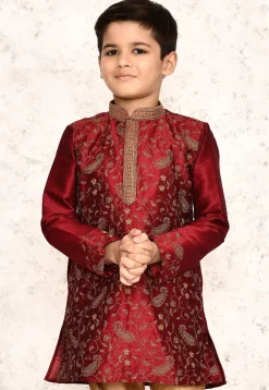 Embroidered Dupion Silk Kurta in Maroon