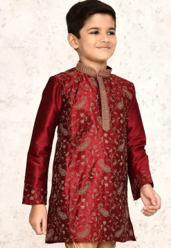 Embroidered Dupion Silk Kurta in Maroon