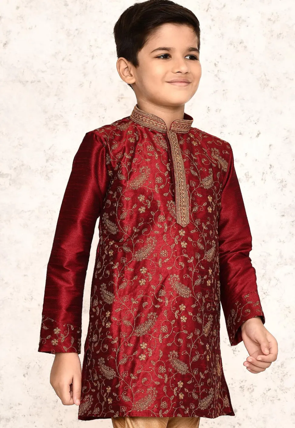 Embroidered Dupion Silk Kurta in Maroon