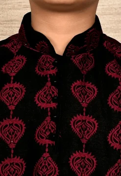 Embroidered Dupion Silk Kurta Set in Black