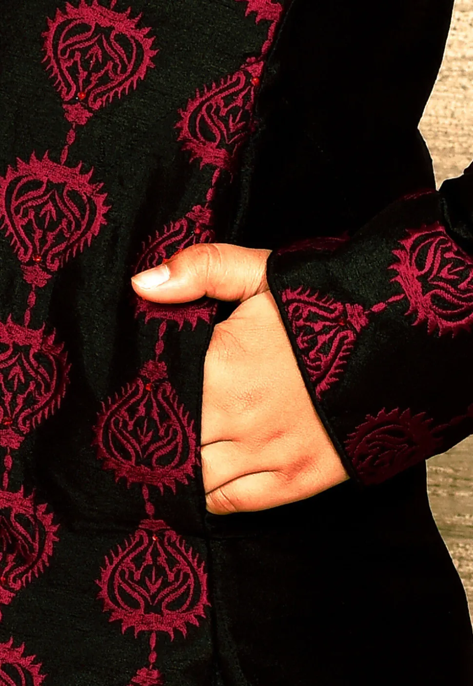 Embroidered Dupion Silk Kurta Set in Black