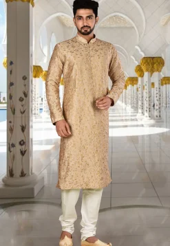 Embroidered Dupion Silk Kurta Set in Beige and White