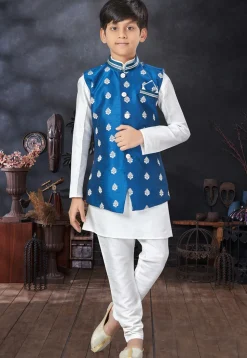 Embroidered Dupion Silk Kurta Set in Off White