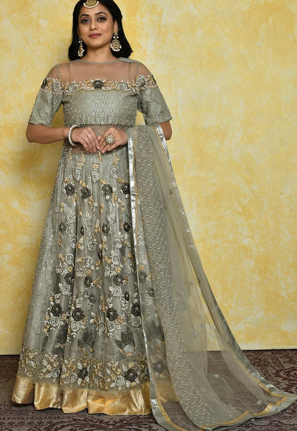 Embroidered Dupion Silk Lehenga in Grey