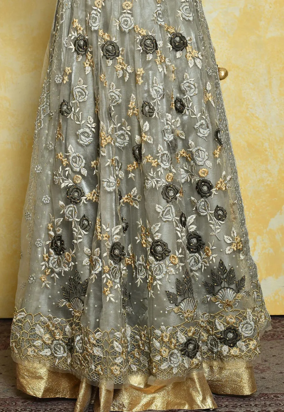 Embroidered Dupion Silk Lehenga in Grey
