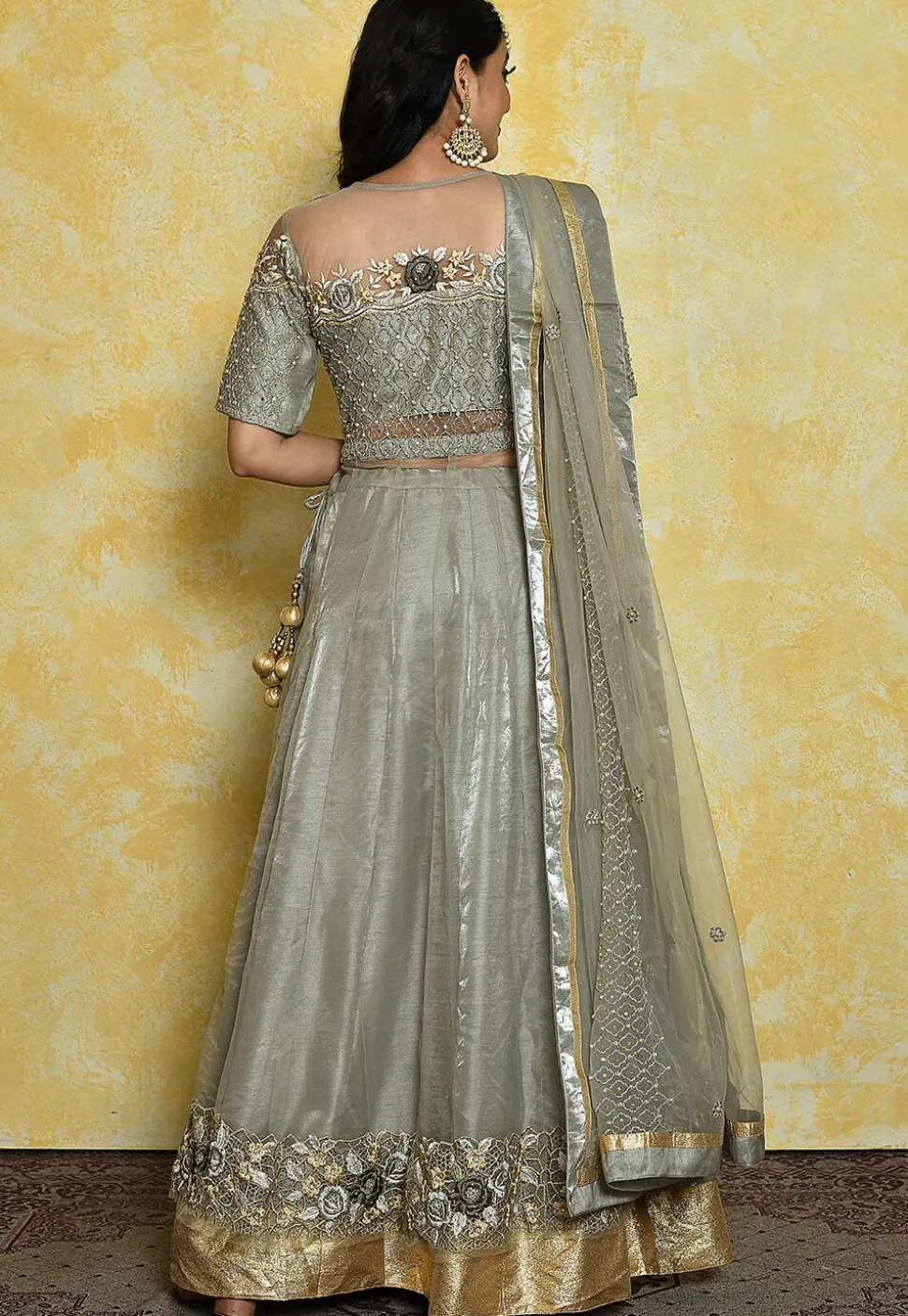 Embroidered Dupion Silk Lehenga in Grey