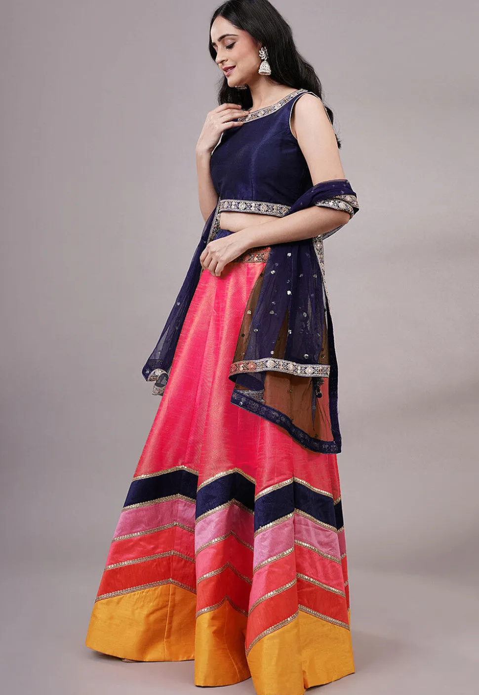 Embroidered Dupion Silk Lehenga in Fuchsia