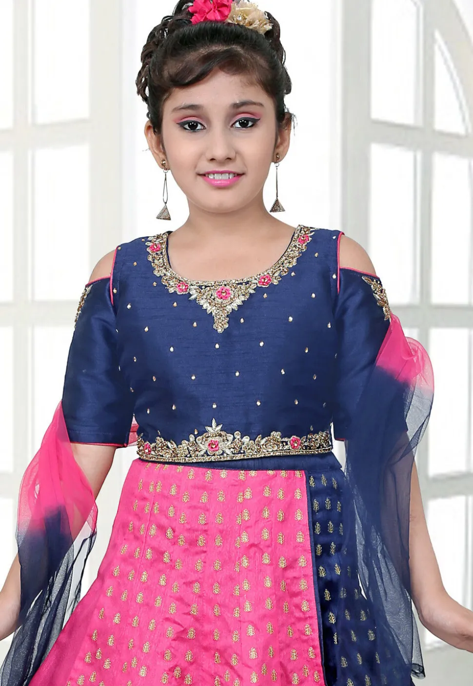 Embroidered Dupion Silk Lehenga in Navy Blue and Pink