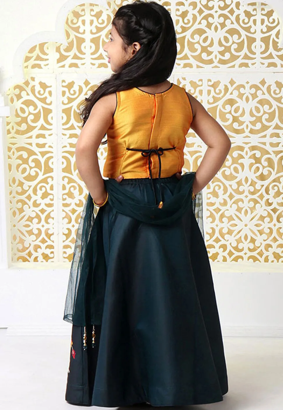 Embroidered Dupion Silk Lehenga in Teal Blue