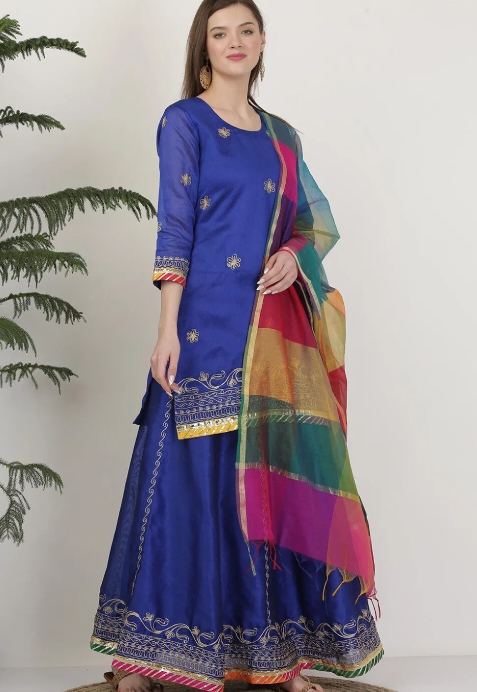 Embroidered Dupion Silk Lehenga in Royal Blue