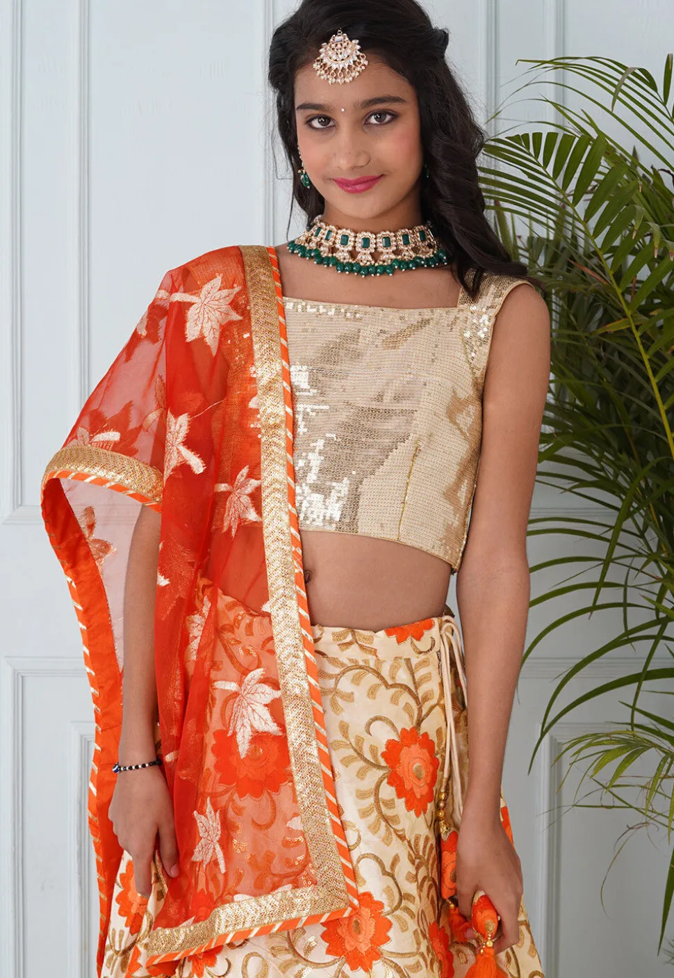 Embroidered Dupion Silk Lehenga in Beige