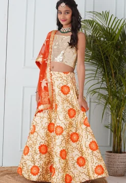 Embroidered Dupion Silk Lehenga in Beige