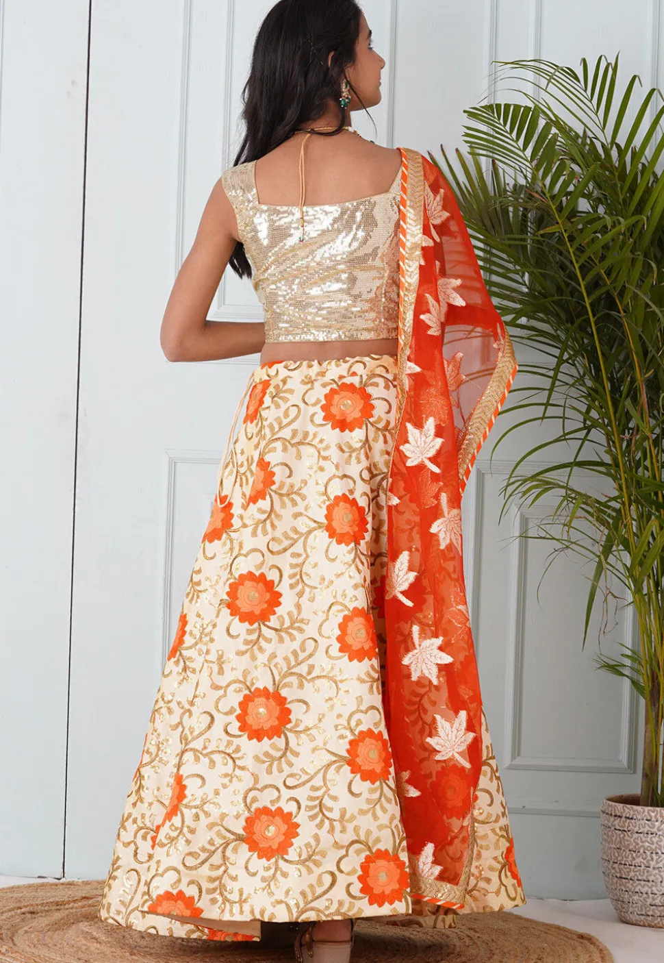 Embroidered Dupion Silk Lehenga in Beige
