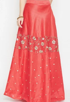 Embroidered Dupion Silk Long Skirt in Coral Red