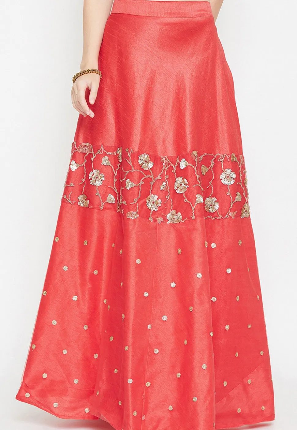 Embroidered Dupion Silk Long Skirt in Coral Red