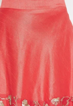Embroidered Dupion Silk Long Skirt in Coral Red