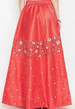 Embroidered Dupion Silk Long Skirt in Coral Red