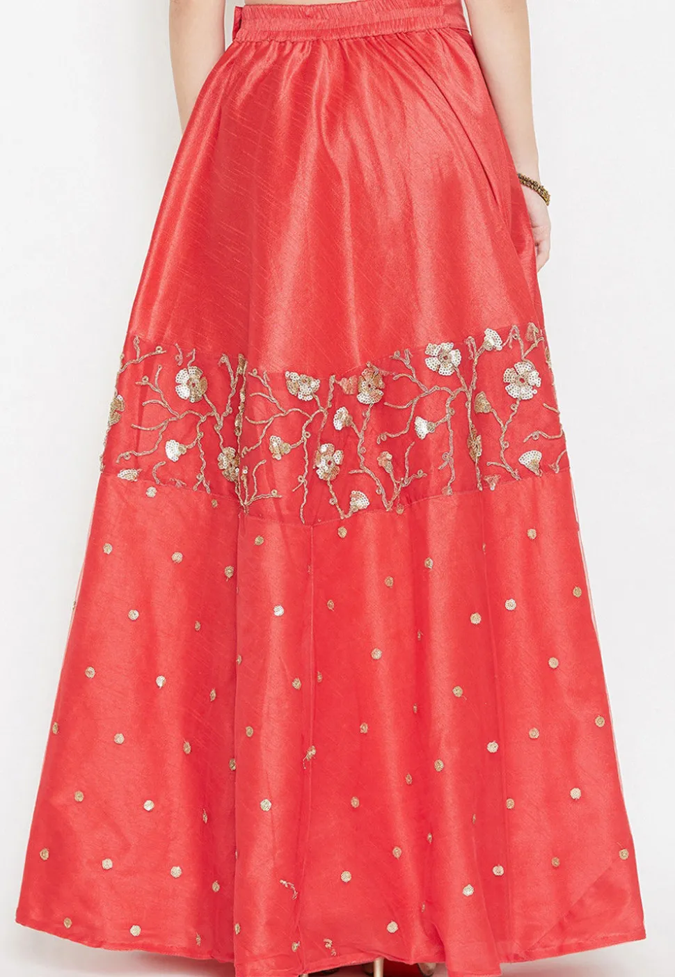 Embroidered Dupion Silk Long Skirt in Coral Red