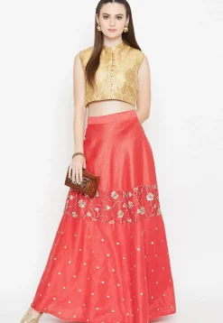Embroidered Dupion Silk Long Skirt in Coral Red