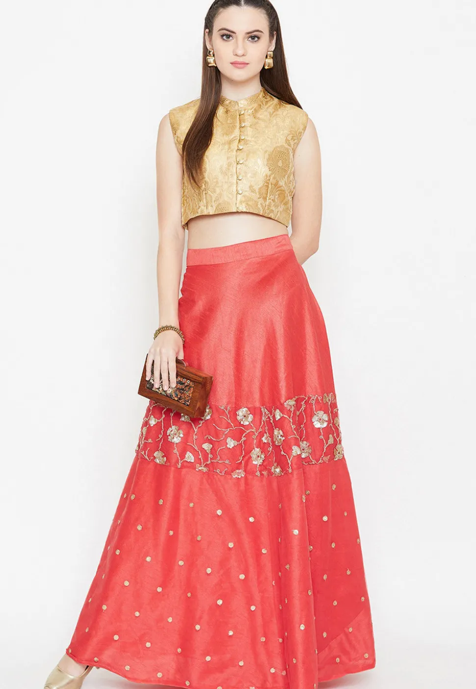 Embroidered Dupion Silk Long Skirt in Coral Red