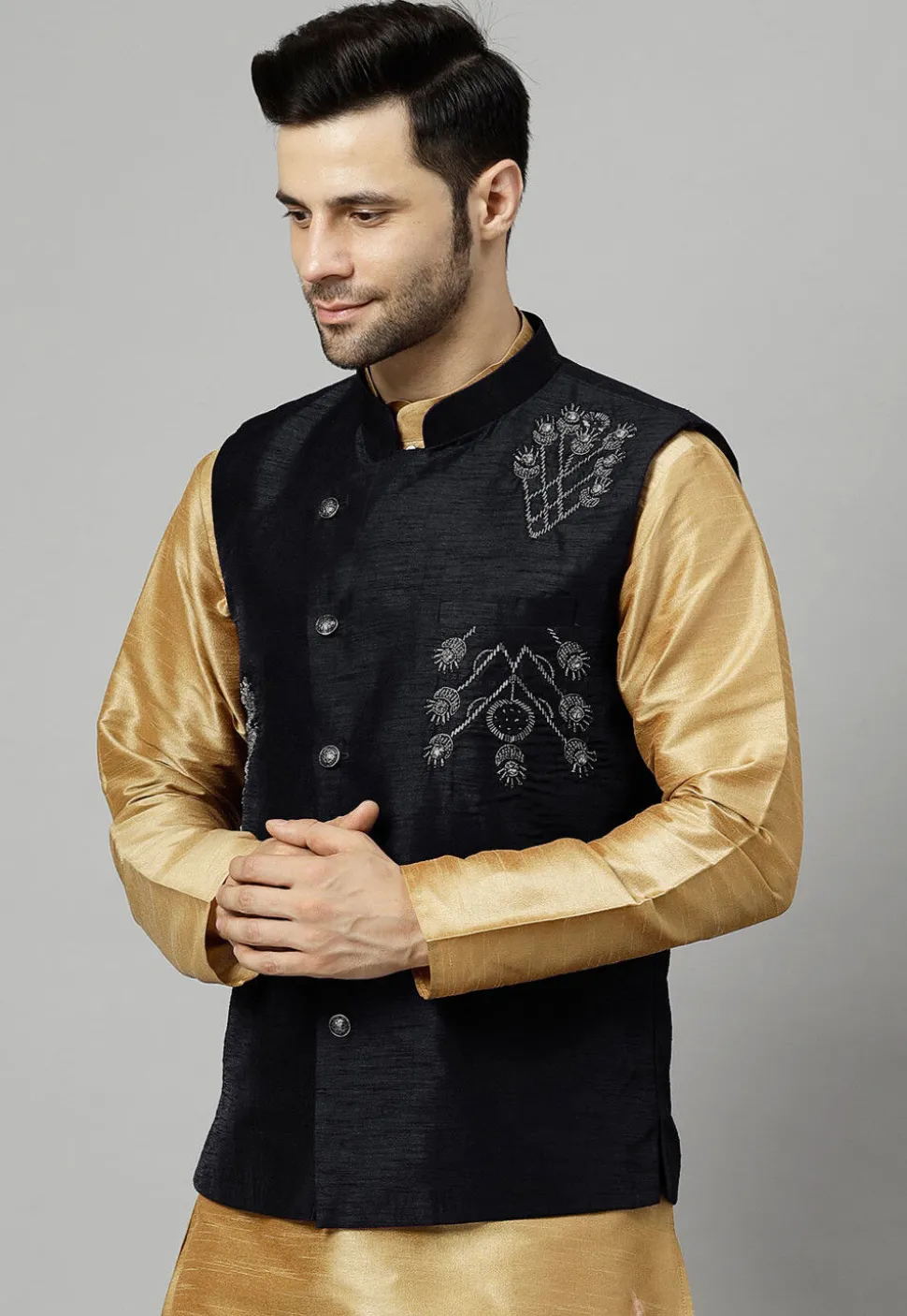 Embroidered Dupion Silk Nehru Jacket in Black
