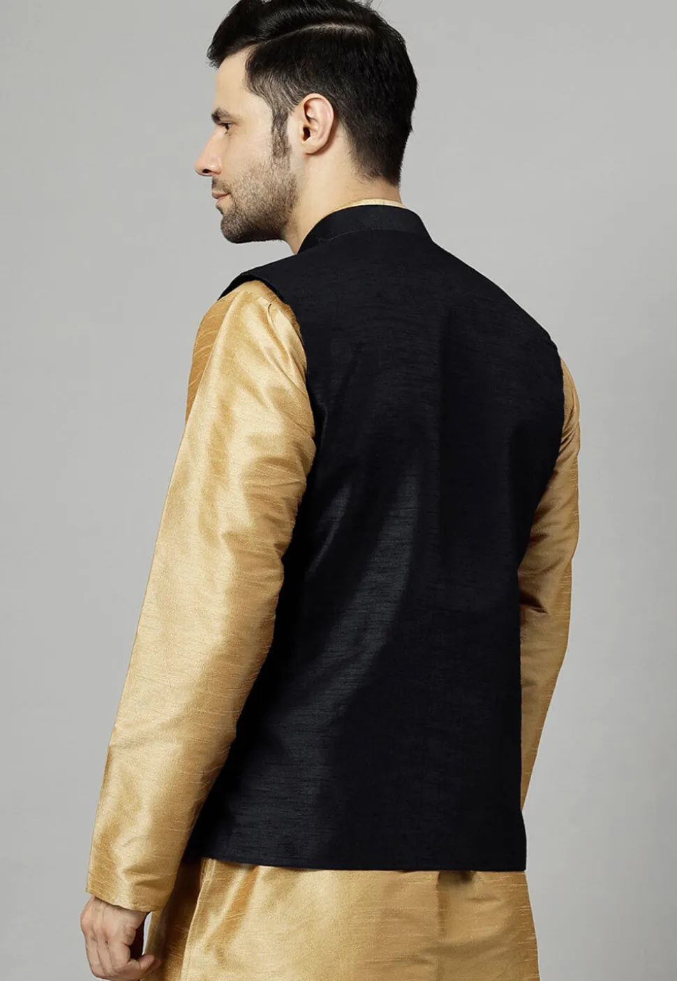 Embroidered Dupion Silk Nehru Jacket in Black