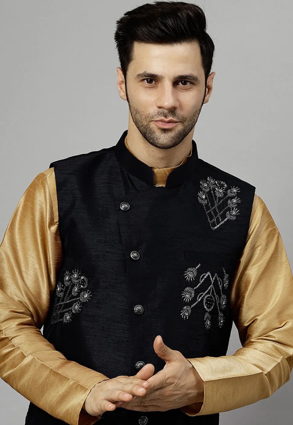 Embroidered Dupion Silk Nehru Jacket in Black