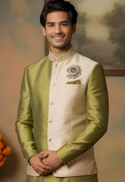 Embroidered Dupion Silk Nehru Jacket in Olive Green and Cream