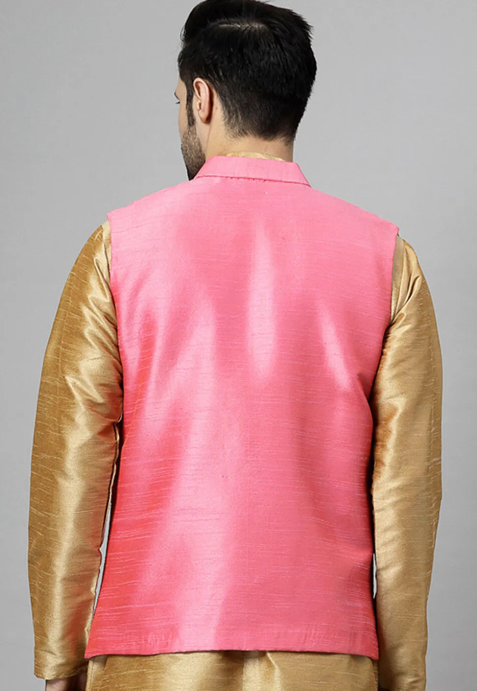 Embroidered Dupion Silk Nehru Jacket in Pink