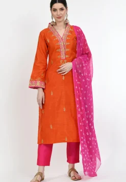 Embroidered Dupion Silk Pakistani Suit in Orange
