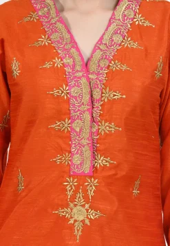 Embroidered Dupion Silk Pakistani Suit in Orange