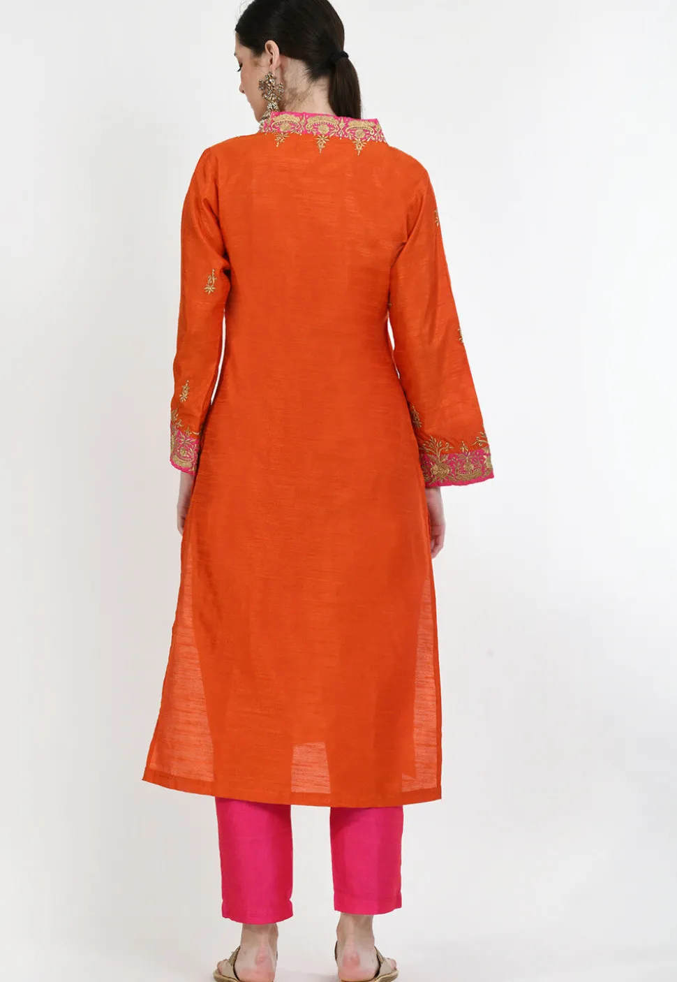 Embroidered Dupion Silk Pakistani Suit in Orange
