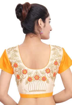 Embroidered Dupion Silk Padded Blouse in Mustard and Off White