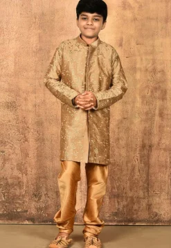 Embroidered Dupion Silk Sherwani Set in Dark Beige