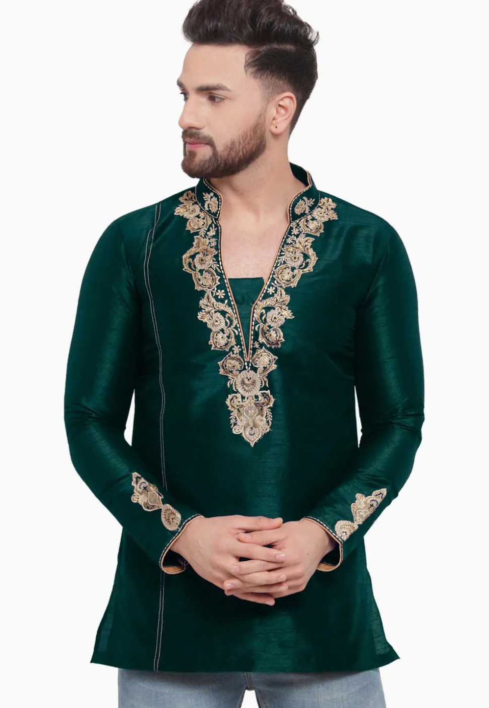 Embroidered Dupion Silk Short Kurta in Dark Teal Green