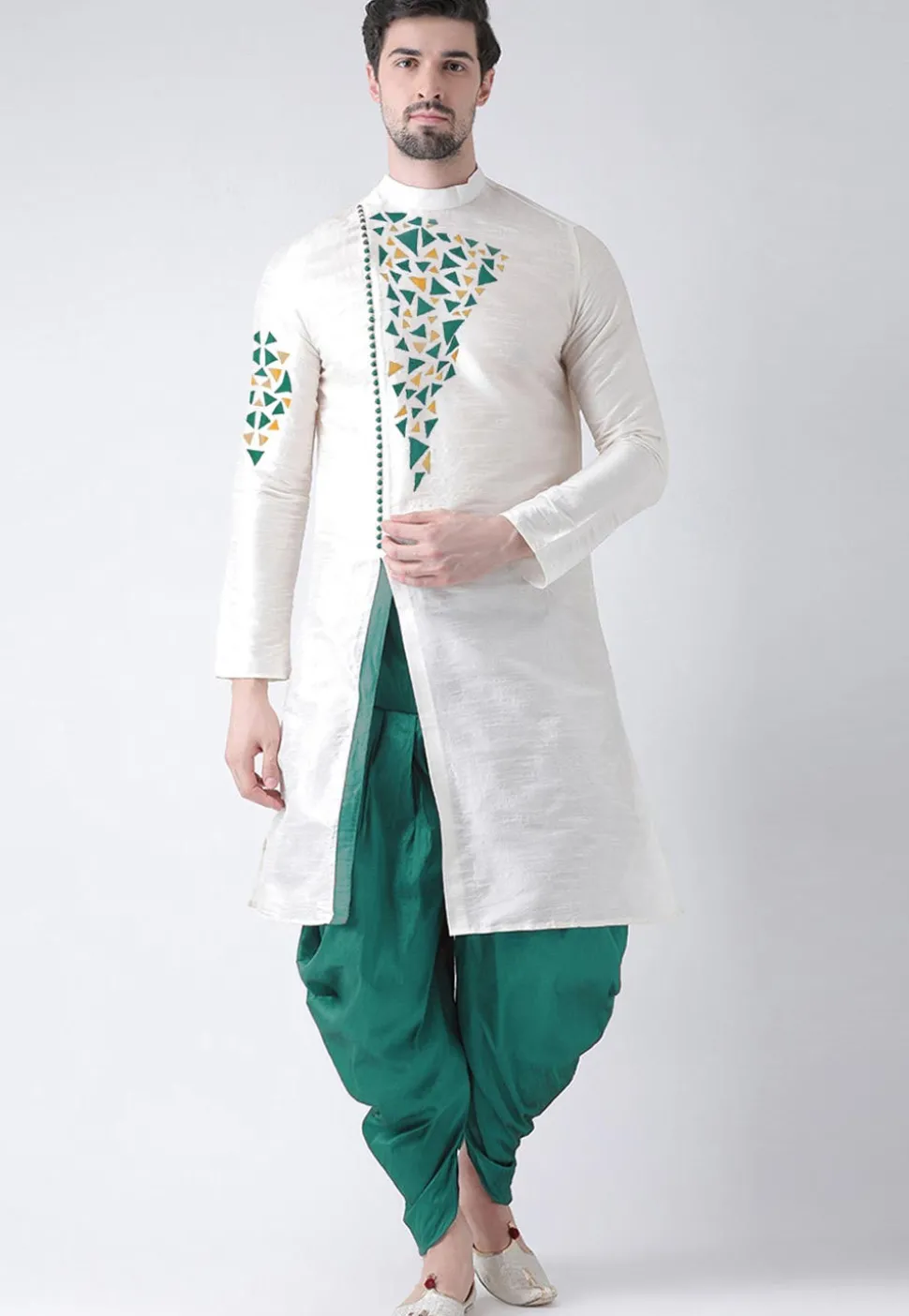 Embroidered Dupion Silk Side Slit Dhoti Kurta in White